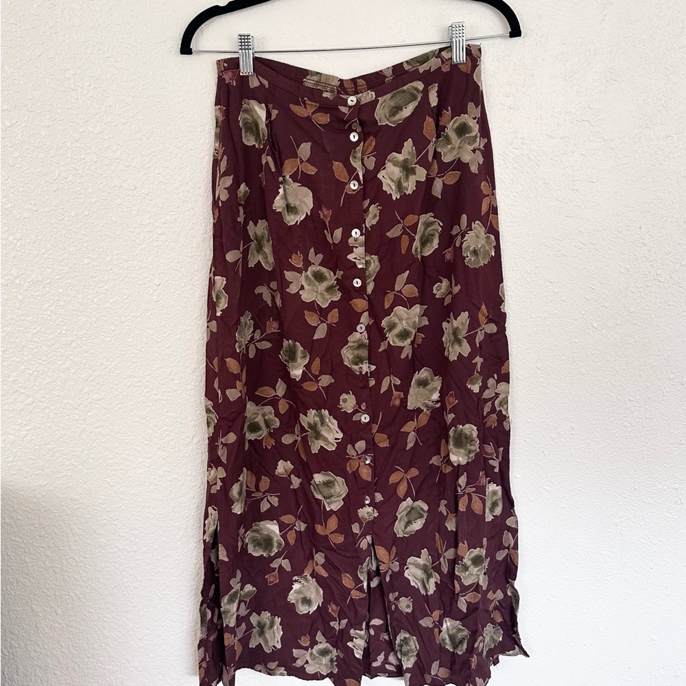 Floral Button-Down Skirt - Burgundy and Green